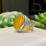 Islamic Ring - Natural Yellow Agate Carved Surah Kausar Ring - Handmade Hand Engraved Ring - Carved Islamic Verses Sterling Silver Ring