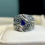 Natural Blue Sapphire Sterling Silver 925 Handmade Hand-Engraved Ring, Band Ring