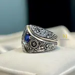 Natural Blue Sapphire Sterling Silver 925 Handmade Hand-Engraved Ring, Band Ring