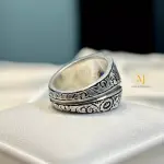 Natural Blue Sapphire Sterling Silver 925 Handmade Hand-Engraved Ring, Band Ring