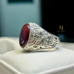Natural Brown Agate Ring in 925 Sterling Silver | Handmade Engraved Men's Ring