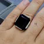 Natural Black Agate Men Ring Sterling Silver 925 Handmade Hand-Engraved Jewelry