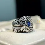 Natural Blue Sapphire Sterling Silver 925 Handmade Hand-Engraved Ring, Band Ring